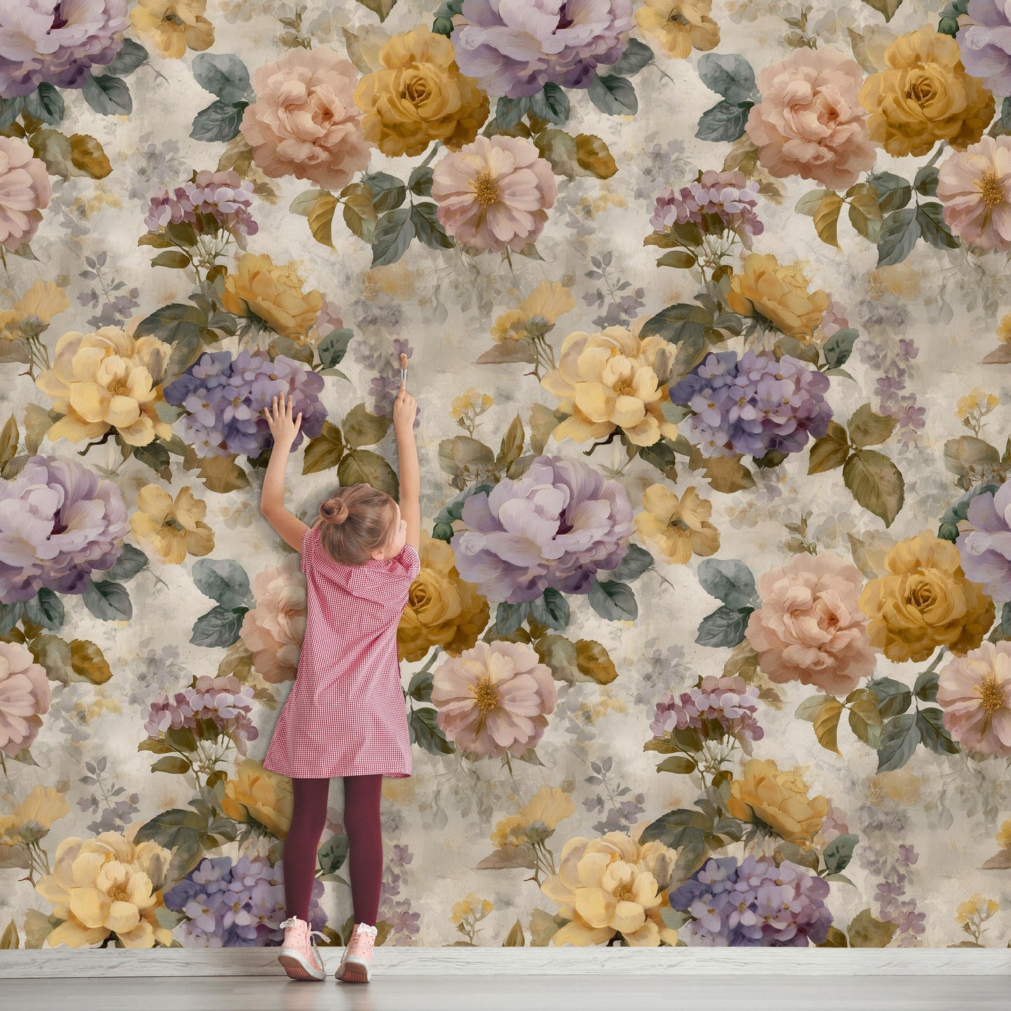 Vintage Floral Wallpaper: Pastel Rose & Peony Shabby Chic Peel and Stick Wall Mural