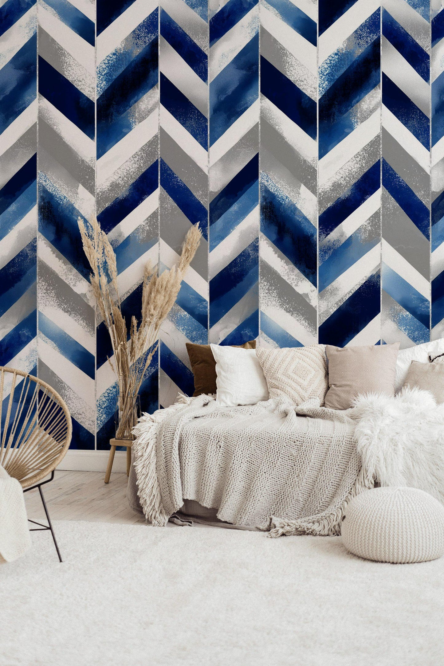 Abstract Blue Gray Chevron Wallpaper | Modern Geometric Wall Mural | Indigo Peel and Stick Decor