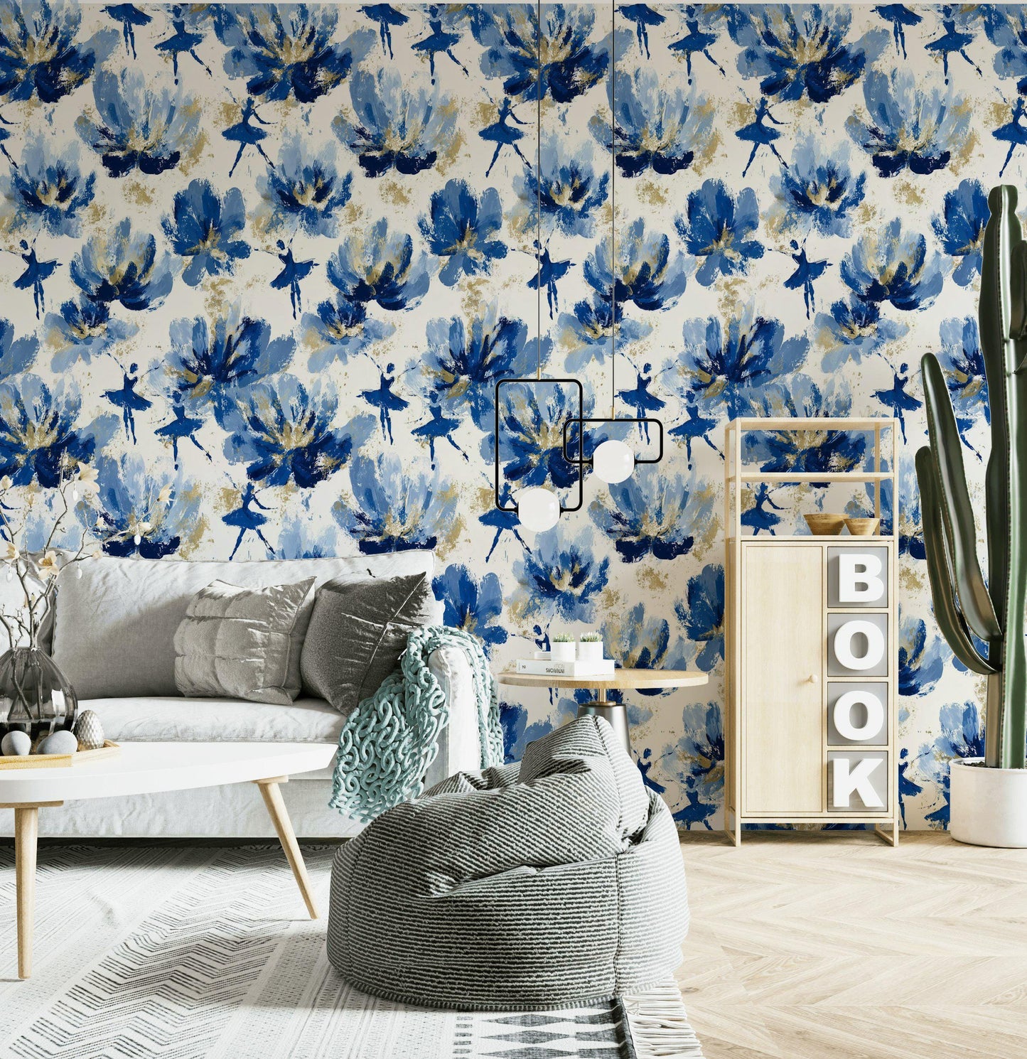 Blue Ballerina Wallpaper, Gold Accented Abstract Floral Mural, Peel & Stick or Unpasted Vertical Panel