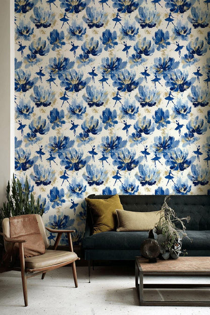 Blue Ballerina Wallpaper, Gold Accented Abstract Floral Mural, Peel & Stick or Unpasted Vertical Panel