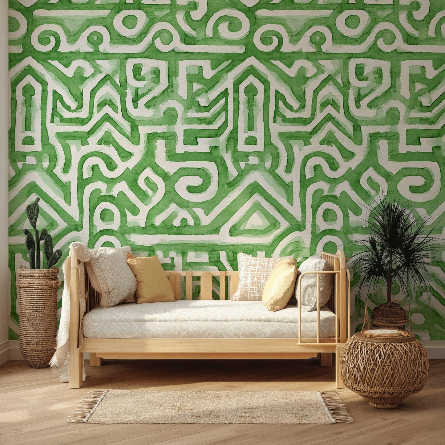 Watercolor Abstract Wallpaper, Green Labyrinth Geometric Wall Mural, Modern Peel and Stick Wall Decor