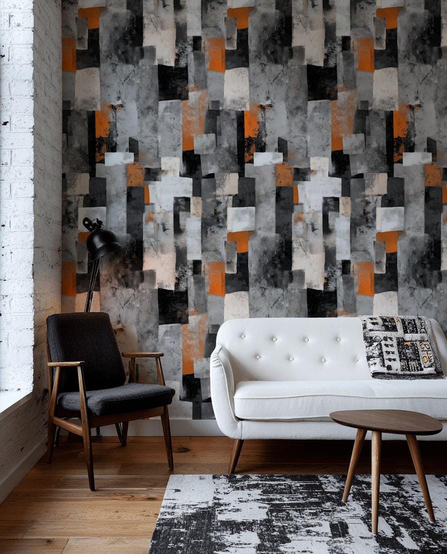 Geometric Block Wallpaper Mural: Orange, Grey, Black Peel and Stick Art