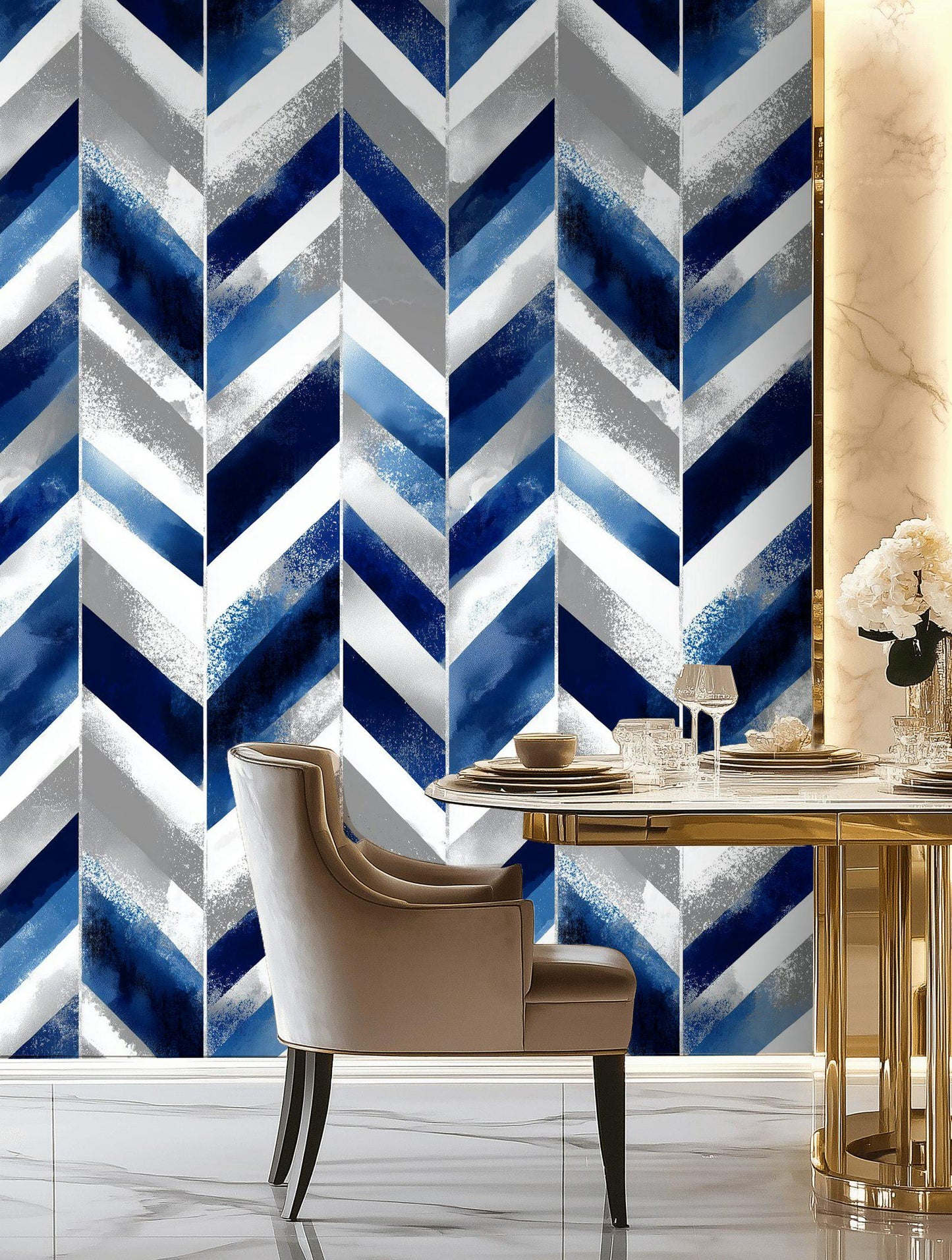 Abstract Blue Gray Chevron Wallpaper | Modern Geometric Wall Mural | Indigo Peel and Stick Decor