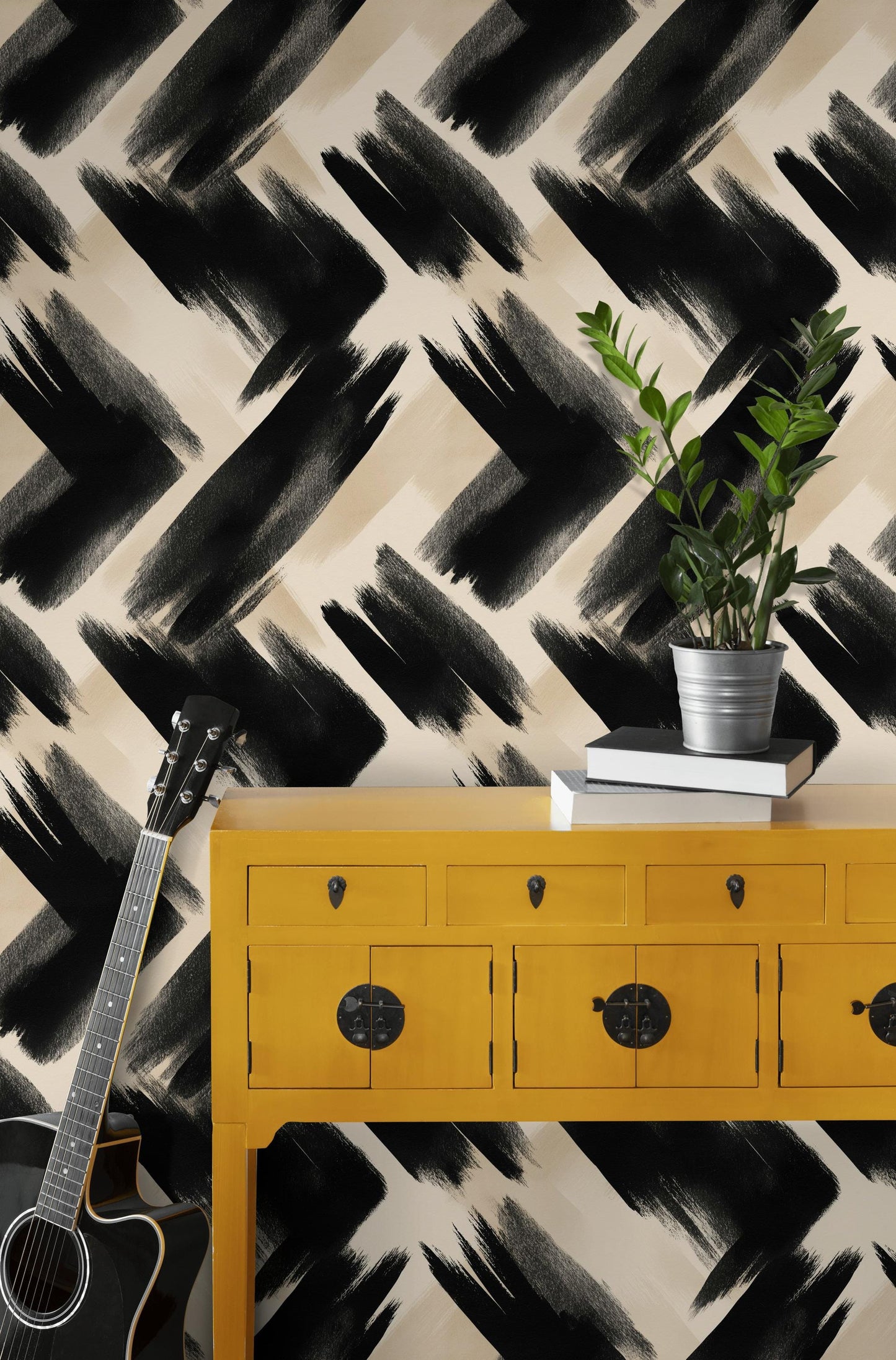 Abstract Brush Stroke Wallpaper | Modern Black White Wall Mural | Artistic Peel and Stick Decor