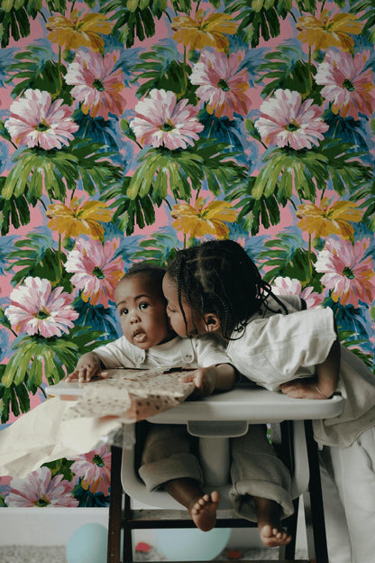 Tropical Floral Wallpaper: Impressionist Pink & Green Peel and Stick Mural