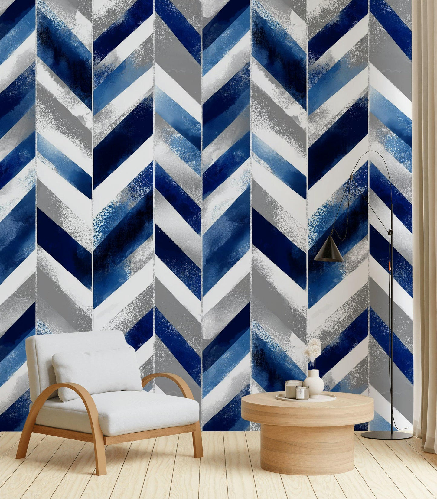 Abstract Blue Gray Chevron Wallpaper | Modern Geometric Wall Mural | Indigo Peel and Stick Decor