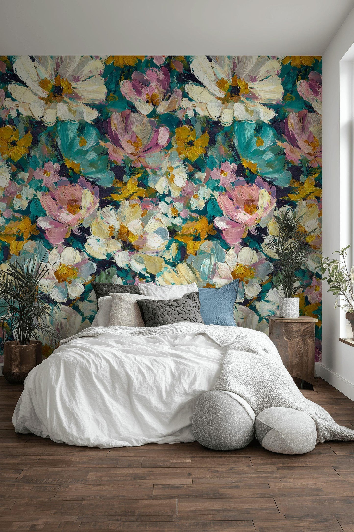 Textured Impasto Floral Wallpaper Mural: Peel and Stick Art Decor