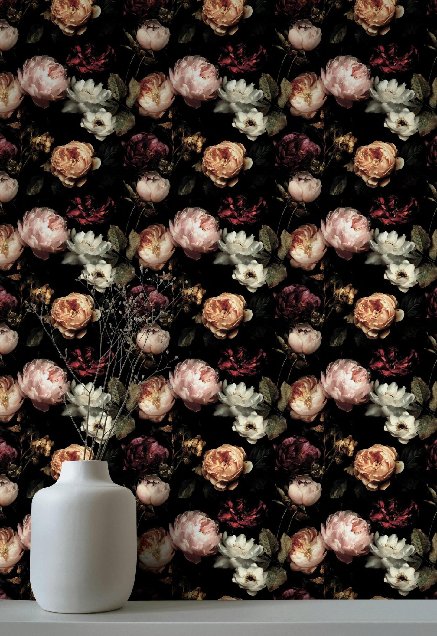 Dark Floral Wallpaper, Gothic Peony Rose Vertical Mural, Black Background Peel & Stick or Unpasted Panel