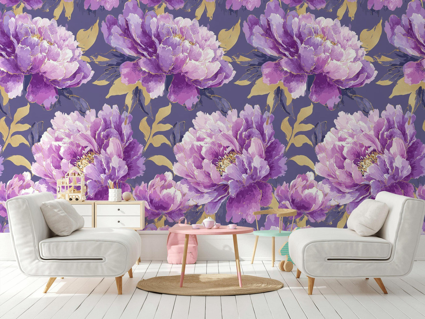 Purple & Gold Peony Wallpaper: Glam Botanical Peel and Stick Mural
