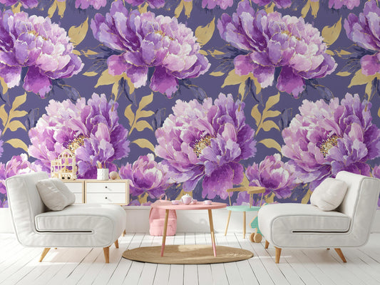 Purple & Gold Peony Wallpaper: Glam Botanical Peel and Stick Mural