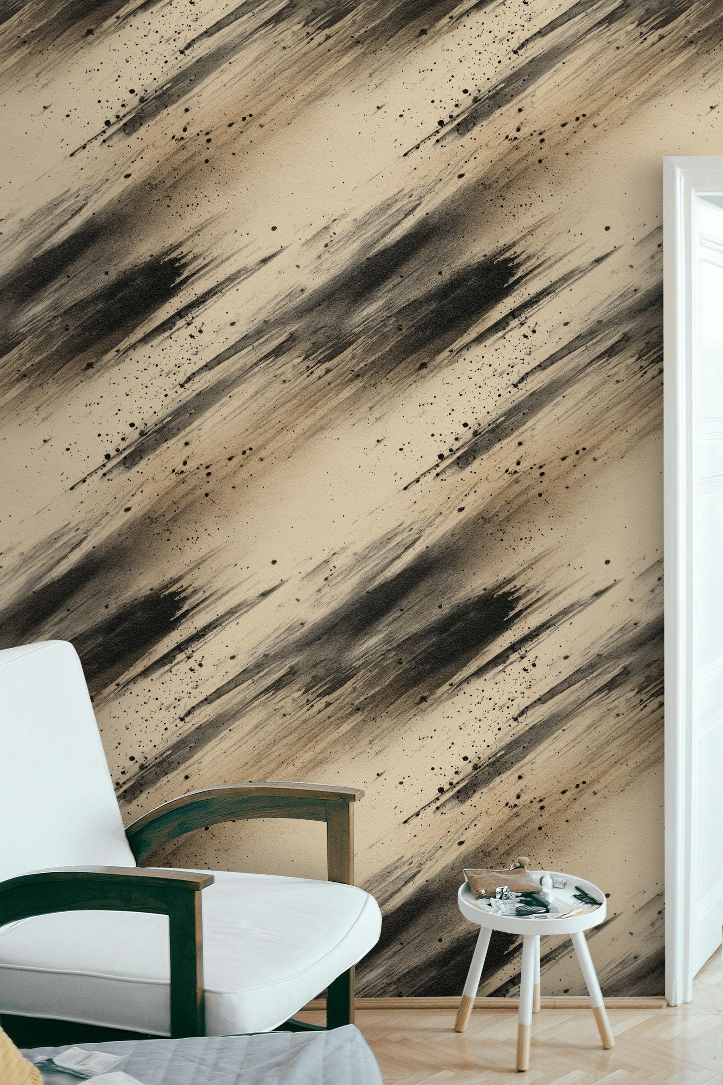 Abstract Ink Splatter Wallpaper: Black Beige Brushstrokes, Peel & Stick Mural