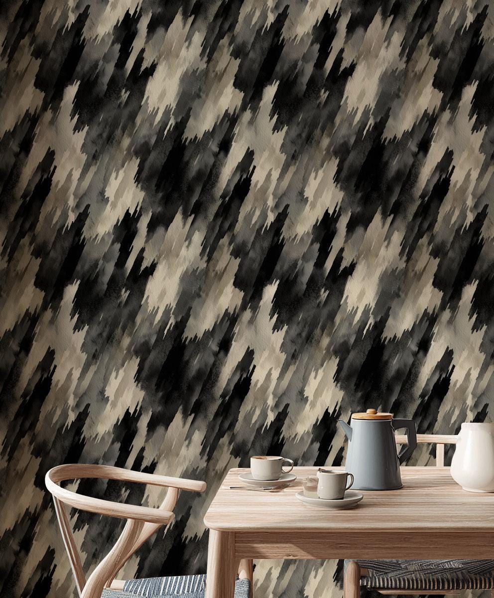 Abstract Diagonal Brushstroke Wallpaper, Black Gray Watercolor Peel & Stick or Unpasted Vertical Wall Mural