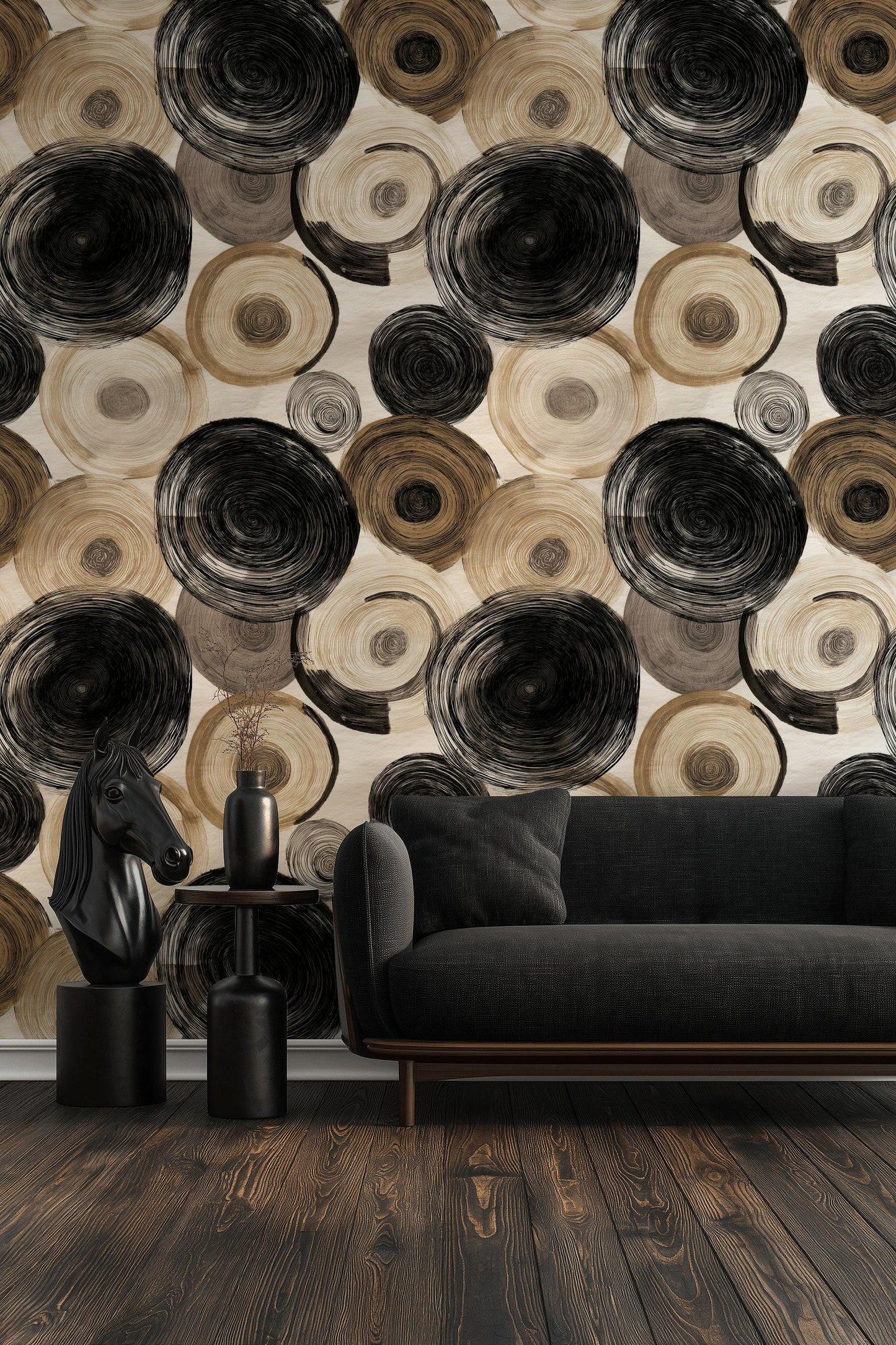 Abstract Swirl Wallpaper Mural: Black Espresso Circles, Hand-Painted Art (Peel & Stick or Unpasted)