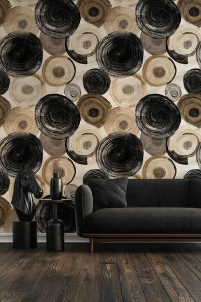 Abstract Swirl Wallpaper Mural: Black Espresso Circles, Hand-Painted Art (Peel & Stick or Unpasted)