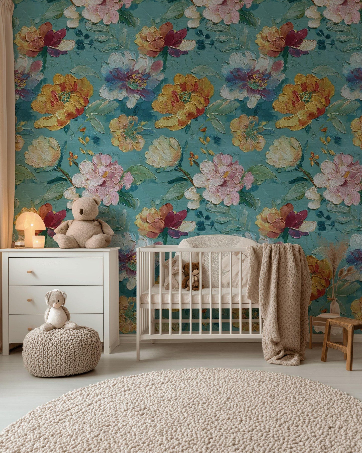 Textured Floral Wallpaper, Impasto Style Wall Mural, Turquoise and Pink Peel and Stick Art