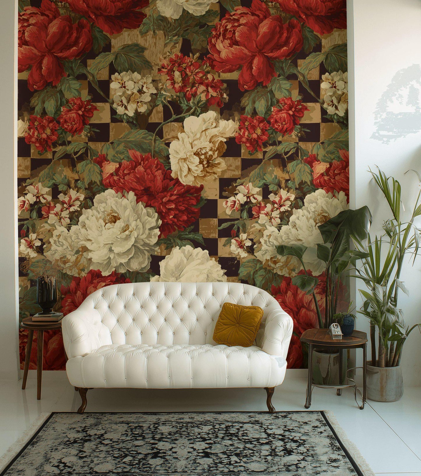 Dark Academia Floral Wallpaper: Vintage Checkered Peel and Stick Mural