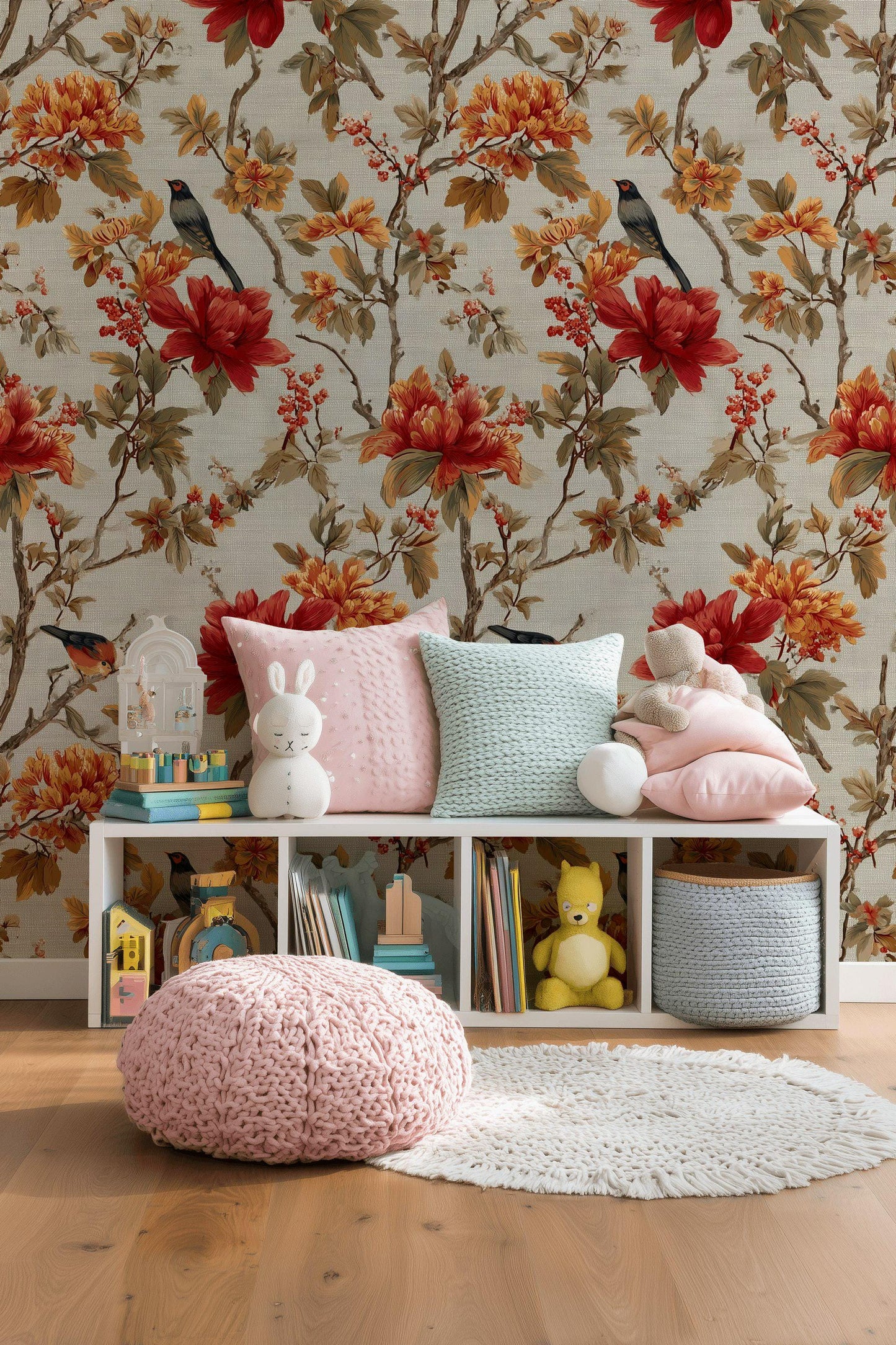 Chinoiserie Peel and Stick Wallpaper Mural: Bird & Floral Wall Decor