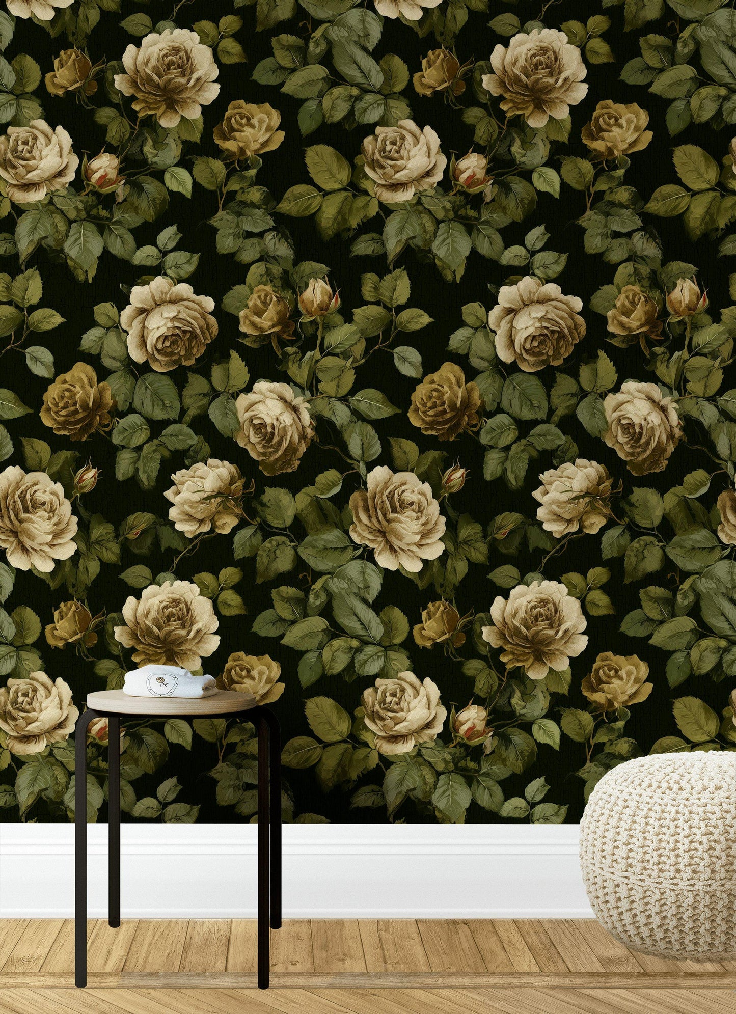 Dark Floral Wallpaper Mural: Vintage Roses, Peel and Stick