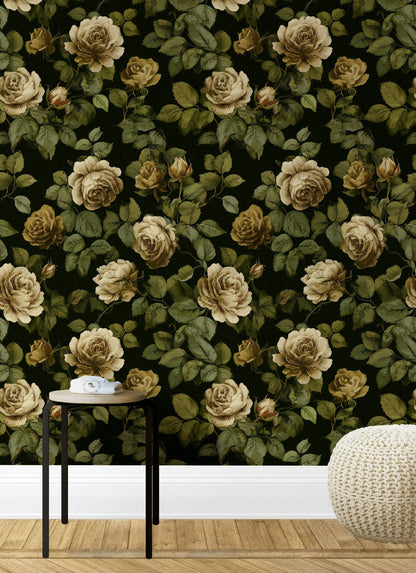 Dark Floral Wallpaper Mural: Vintage Roses, Peel and Stick