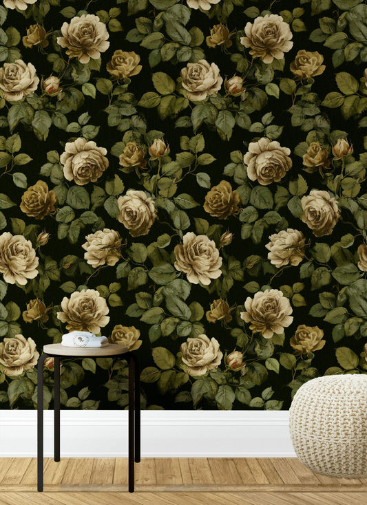 Dark Floral Wallpaper Mural: Vintage Roses, Peel and Stick