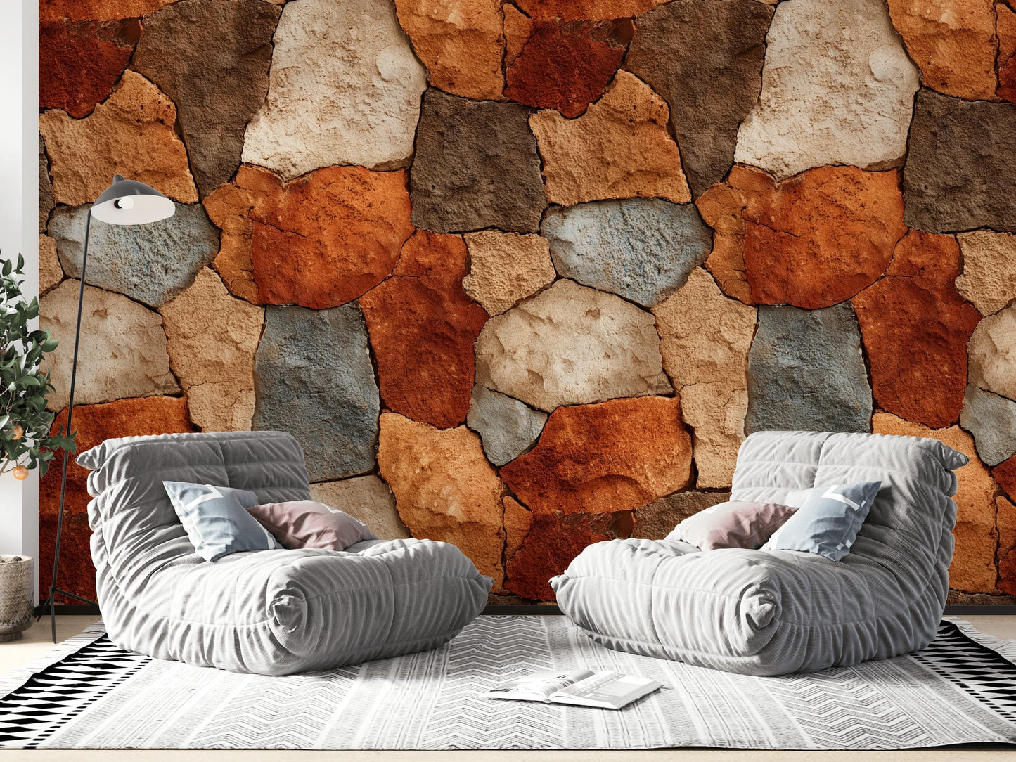 Rustic Stone Wall Wallpaper | Natural Stacked Rock Mural | Faux Stone Peel and Stick Decor