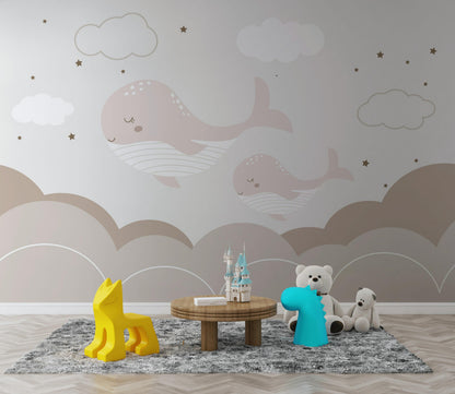 Boho Whale Nursery Wallpaper, Neutral Ocean Wall Mural, Minimalist Peel and Stick Baby Decor