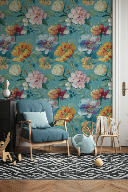 Textured Floral Wallpaper, Impasto Style Wall Mural, Turquoise and Pink Peel and Stick Art