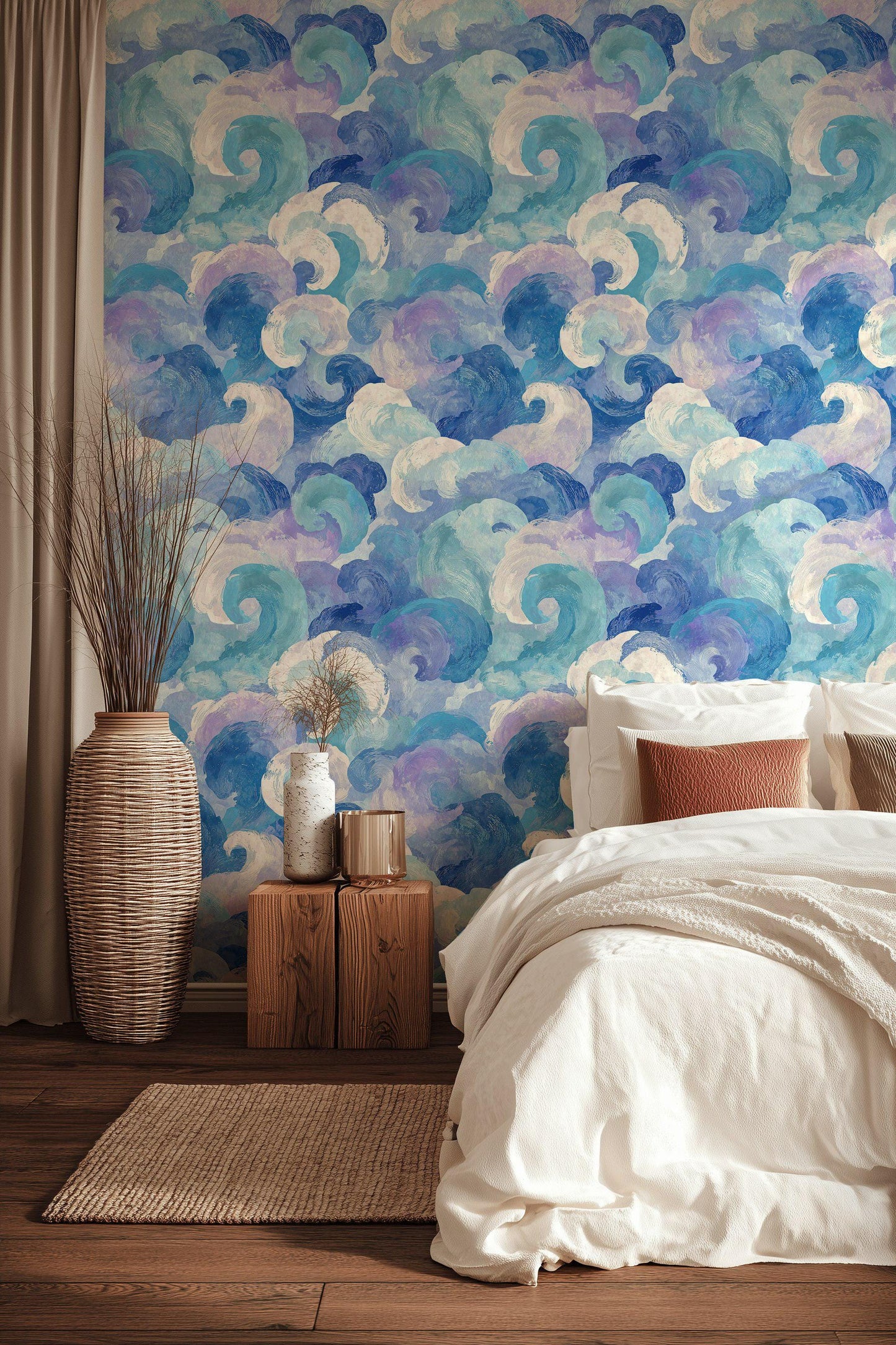 Blue Purple Wave Wallpaper Mural: Abstract Ocean Swirl (Peel & Stick or Unpasted)