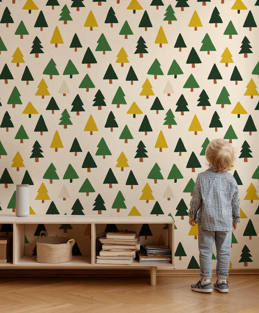 Scandi Pine Tree Wallpaper: Neutral Nursery Peel and Stick Mural