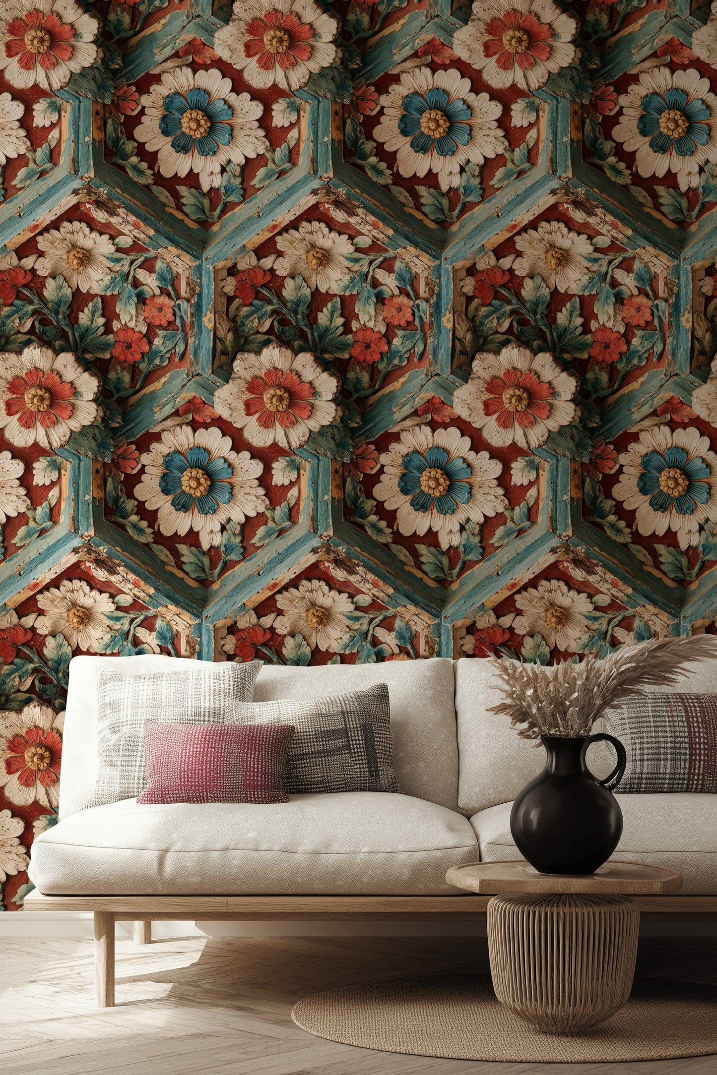 Faux Carved Wood Wallpaper: 3D Floral Peel and Stick Wall Mural