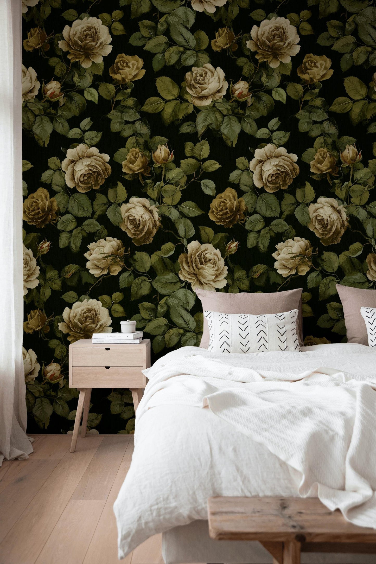 Dark Floral Wallpaper Mural: Vintage Roses, Peel and Stick