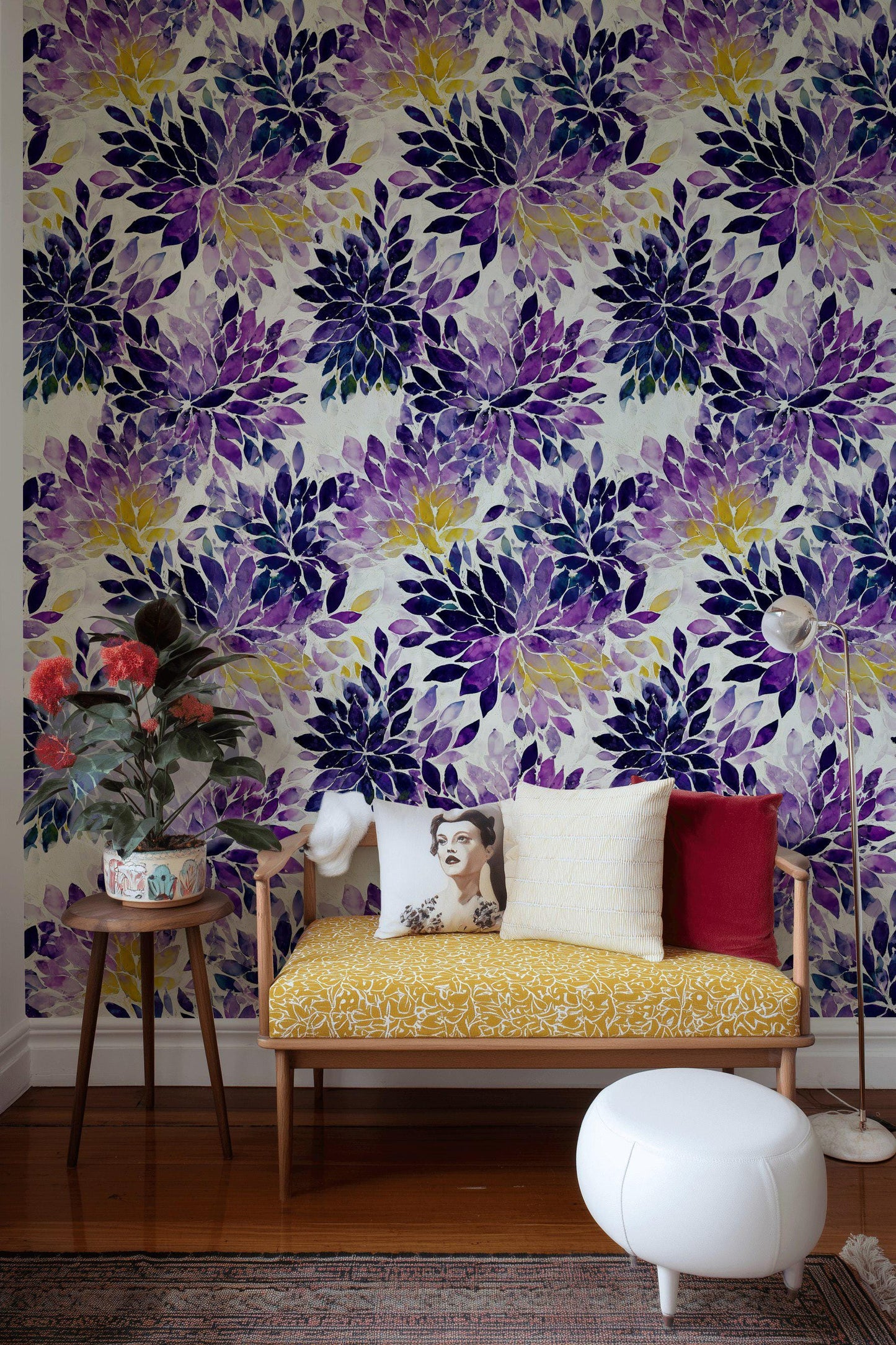 Purple Floral Watercolor Wallpaper: Abstract Peel and Stick Wall Mural