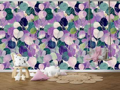 Watercolor Leaf Peel and Stick Wallpaper: Purple Green Botanical Wall Mural