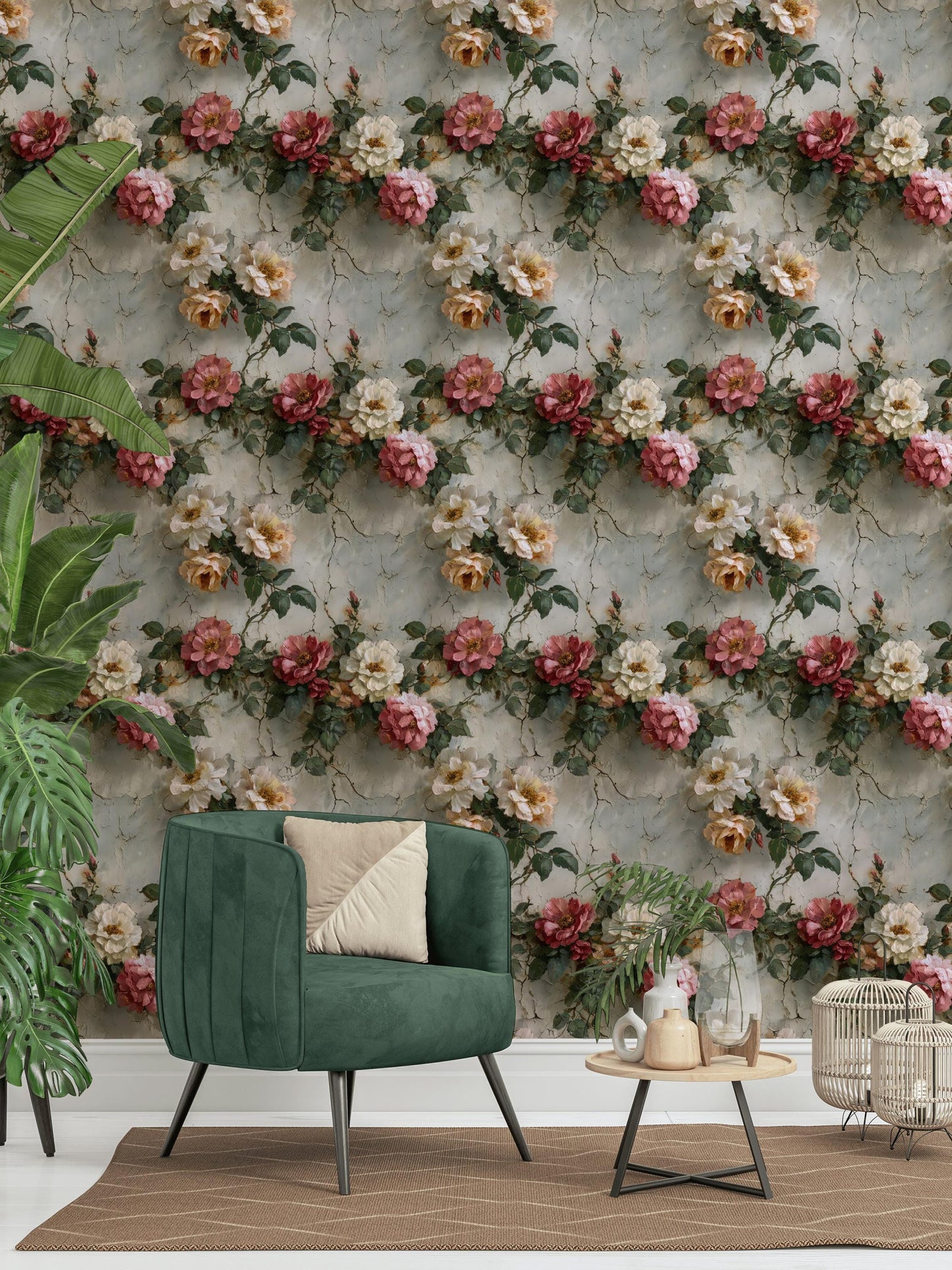 Rose Mural Wallpaper: Shabby Chic Crackle Effect (Peel & Stick)