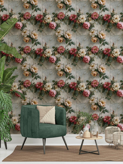 Rose Mural Wallpaper: Shabby Chic Crackle Effect (Peel & Stick)