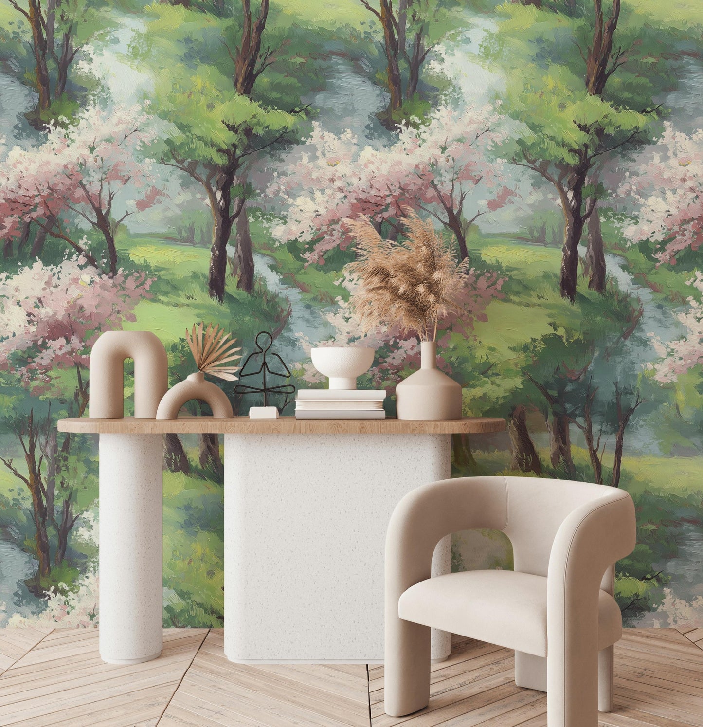 Watercolor Spring Forest Wallpaper: Peel and Stick Green Landscape Wall Mural
