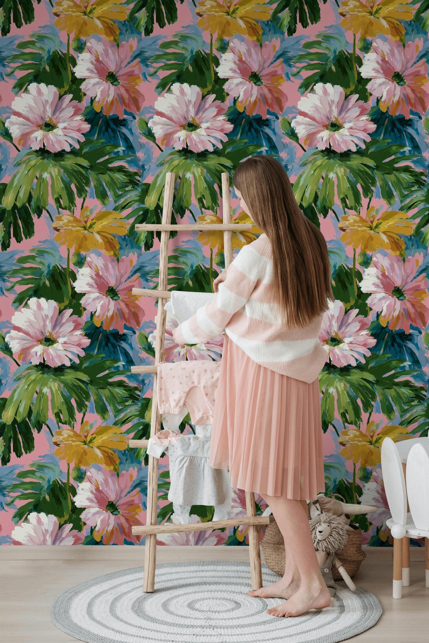 Tropical Floral Wallpaper: Impressionist Pink & Green Peel and Stick Mural
