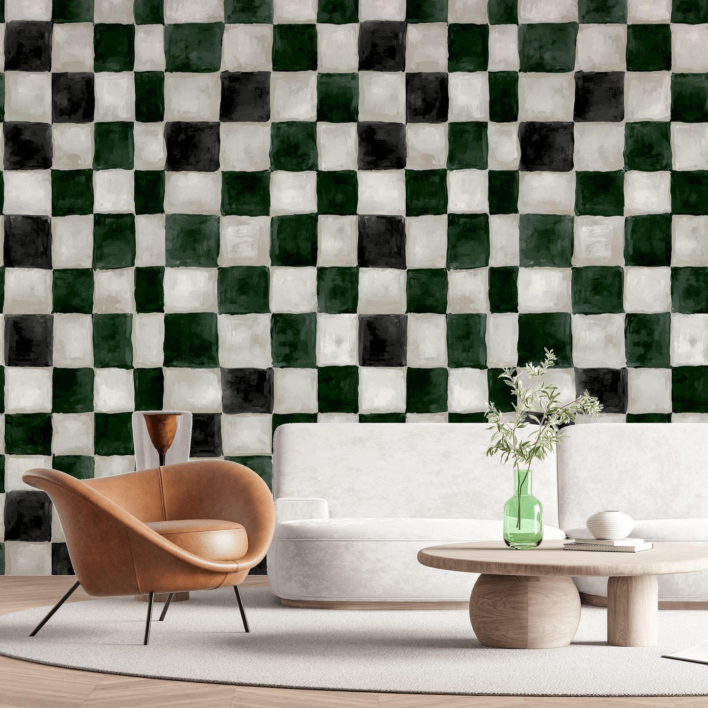 Hand-Painted Checkerboard Wallpaper | Rustic Farmhouse Wall Mural | Green Plaid Peel and Stick Decor