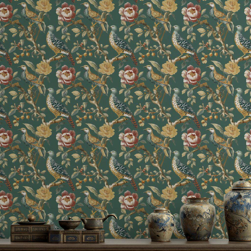 Chinoiserie Bird Wallpaper: Dark Green Floral Peel and Stick Mural