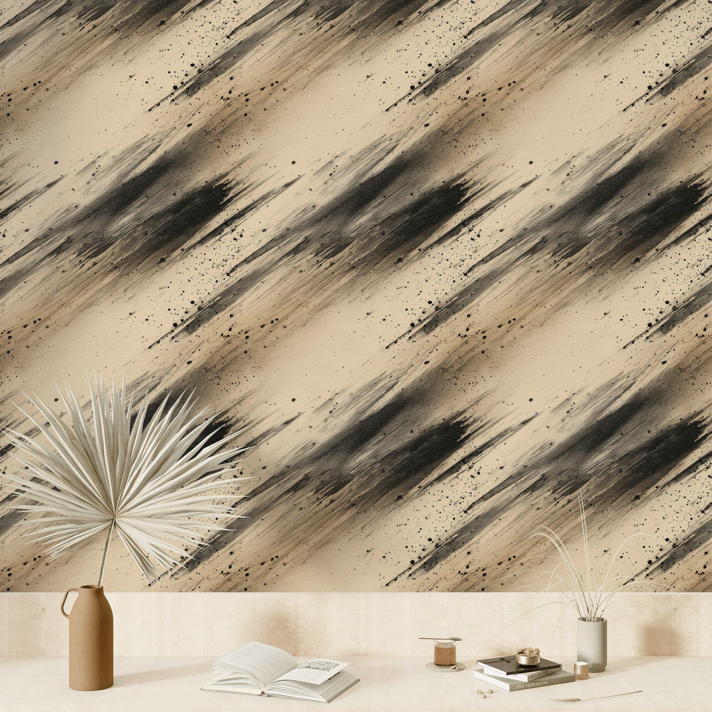 Abstract Ink Splatter Wallpaper: Black Beige Brushstrokes, Peel & Stick Mural