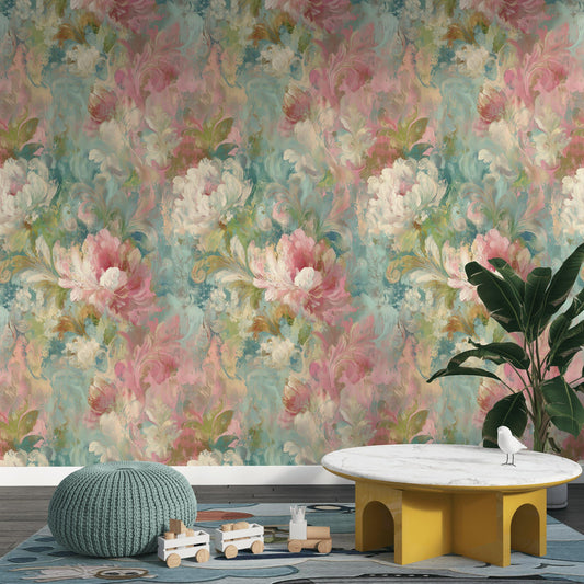 Romantic Watercolor Floral Wallpaper | Dreamy Botanical Wall Mural | Soft Pastel Peel and Stick Decor
