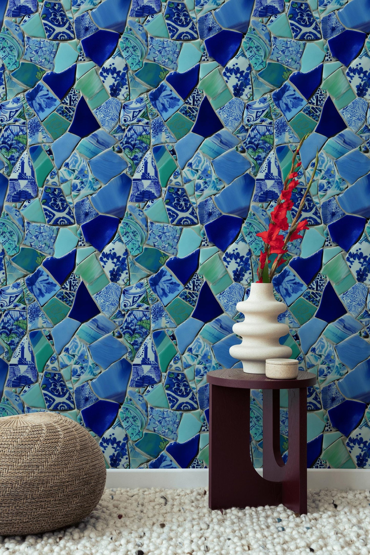 Blue Broken Ceramic Mosaic Wallpaper, Chinoiserie Porcelain Peel & Stick or Unpasted Vertical Wall Mural