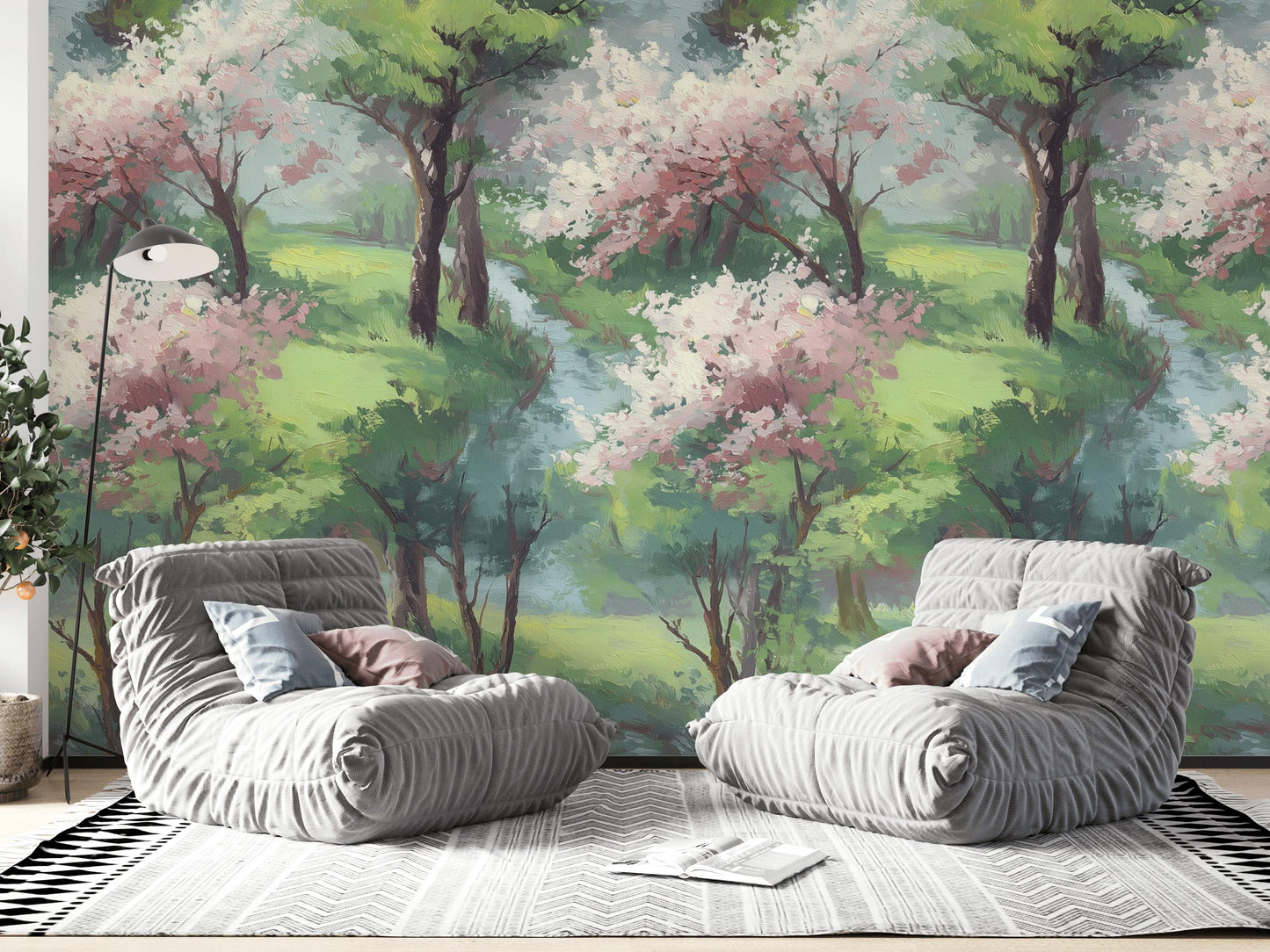 Watercolor Spring Forest Wallpaper: Peel and Stick Green Landscape Wall Mural