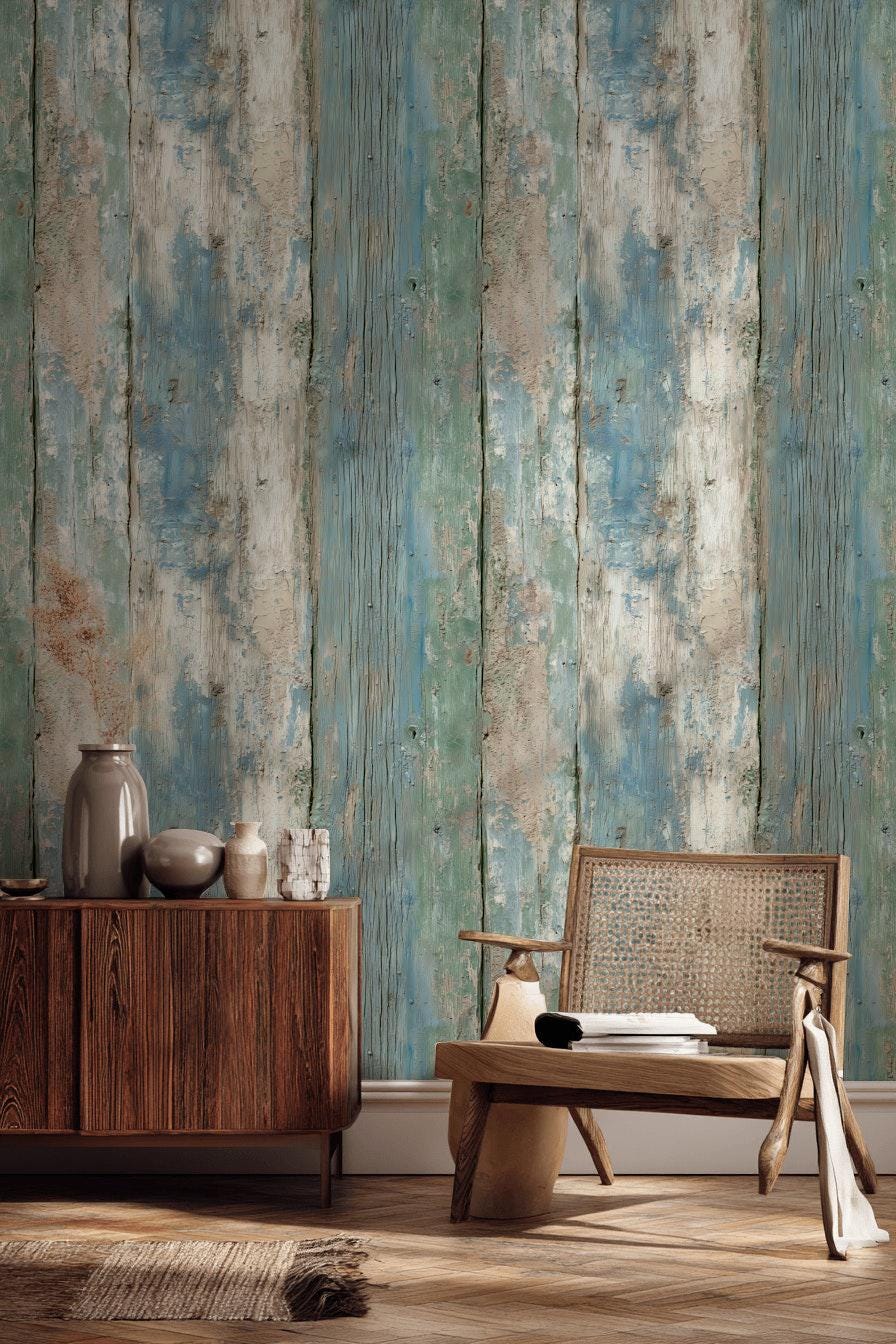 Coastal Blue Wood Plank Wallpaper: Shabby Chic Peel and Stick Mural