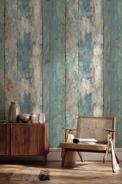 Coastal Blue Wood Plank Wallpaper: Shabby Chic Peel and Stick Mural