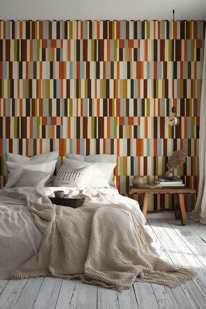 Mid-Century Modern Wallpaper, Retro Color Blocks Vertical Stripe Mural, Peel & Stick or Unpasted Panel