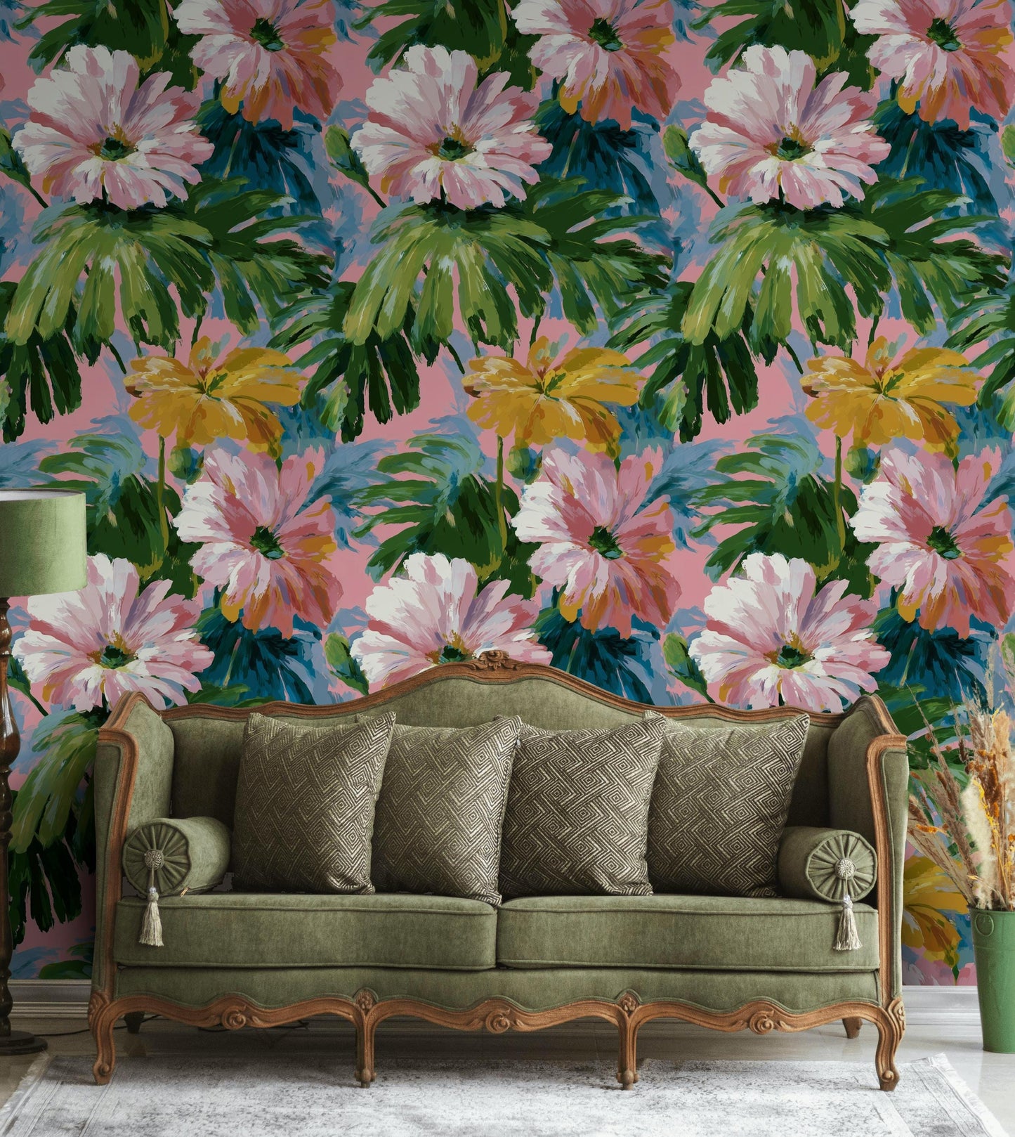 Tropical Floral Wallpaper: Impressionist Pink & Green Peel and Stick Mural