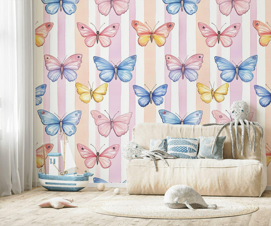 Watercolor Butterfly Wallpaper: Pastel Striped Peel and Stick Nursery Decor