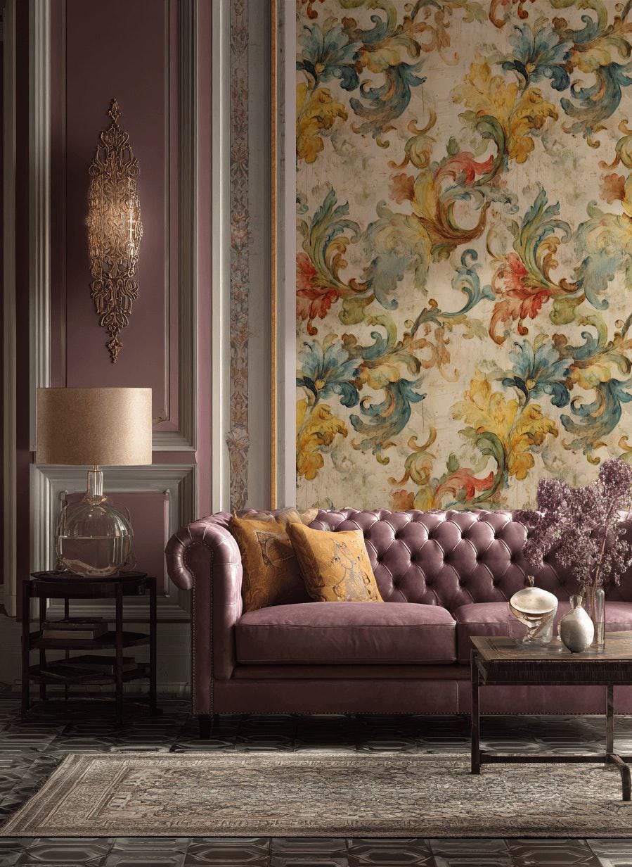 Baroque Scroll Wallpaper, Distressed Pastel Floral Mural, Peel & Stick or Unpasted Vintage Panel