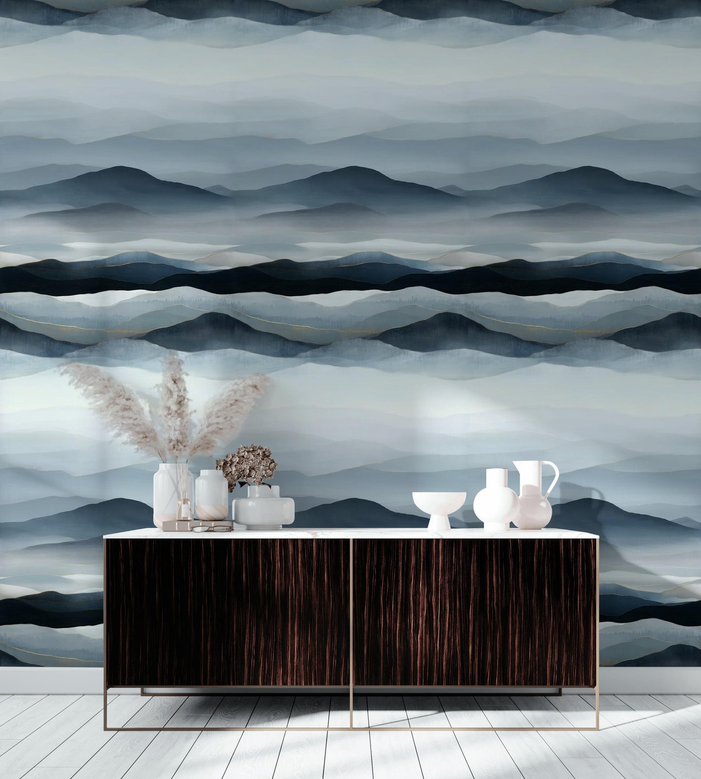 Blue Gray Mountain Wallpaper Mural: Gold Line Peel and Stick